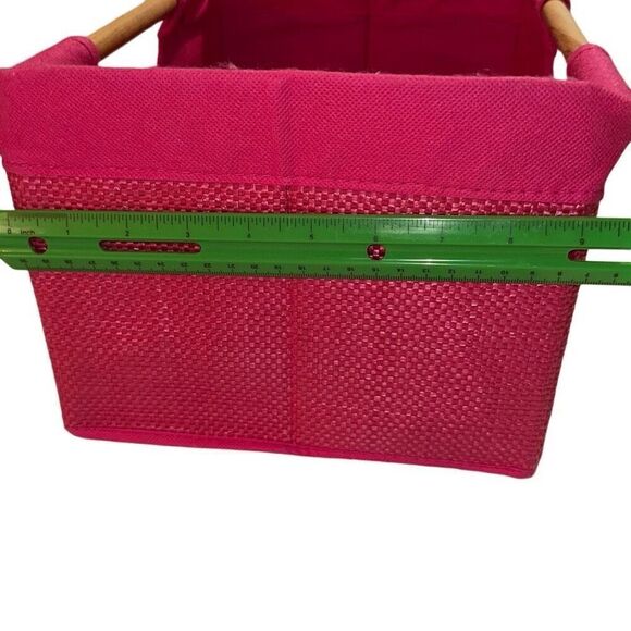 Pink Foldable Storage Bin With Wooden Carry Handles 13" x 9" - Picture 6 of 8